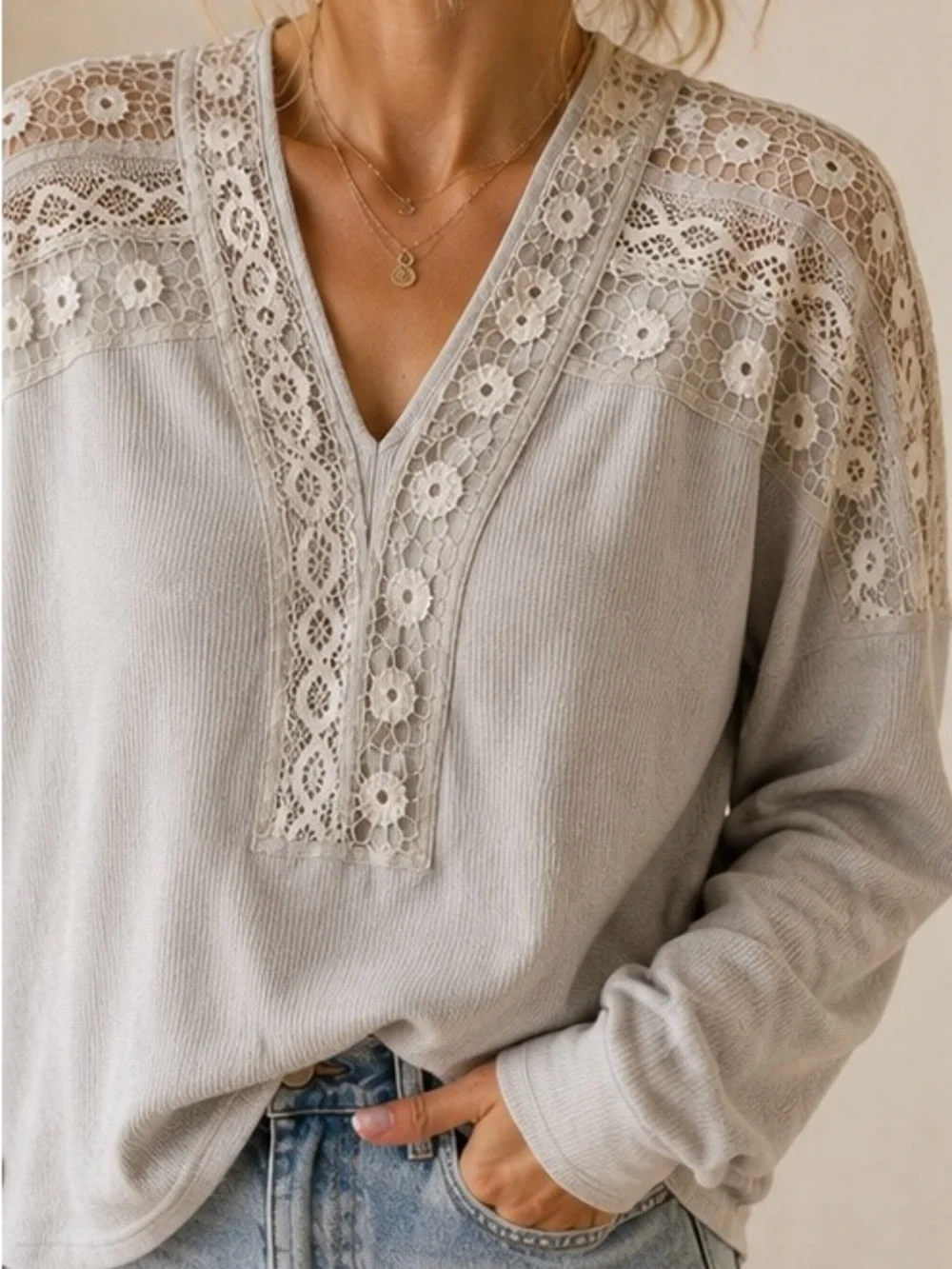 Free People Gray Lace Yoke Thermal Top XS Boho Long Sleeve